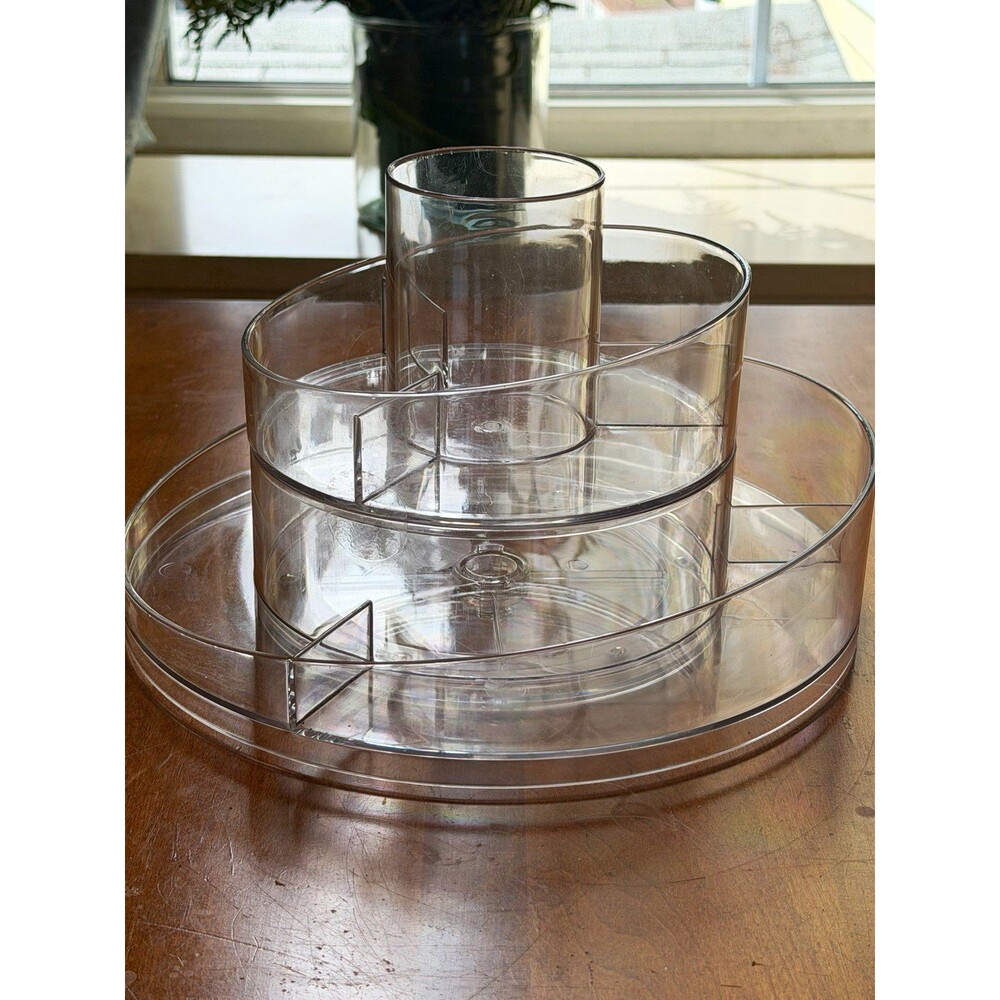 Clear Rotating 3-Tier Round Makeup Organizer w/ Center Cup Holder, 10 in